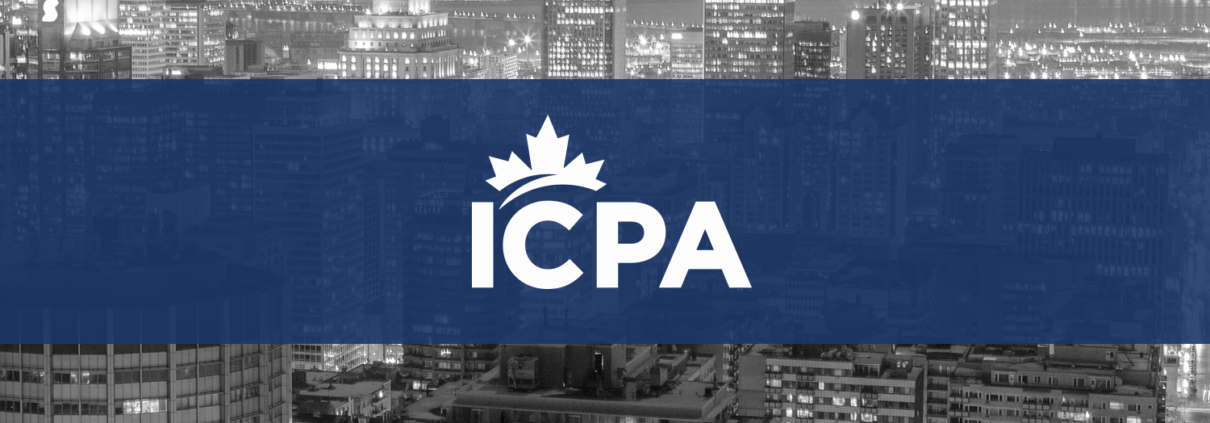 black and white photo of Montreal with an ICPA banner over top