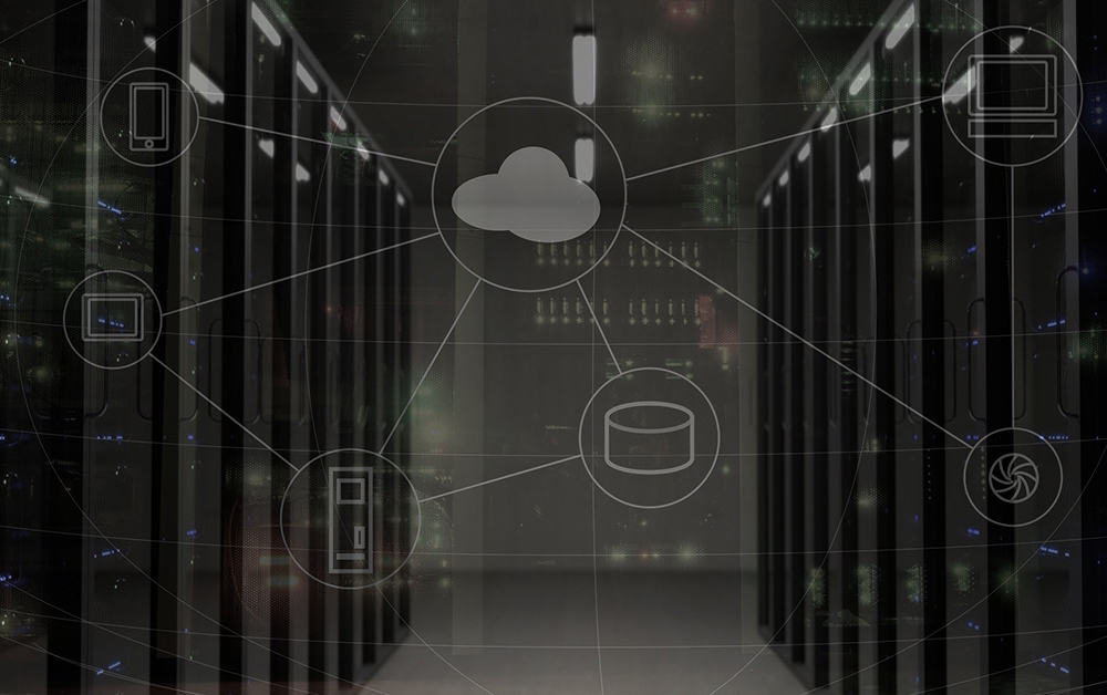 server room with cloud and data icons